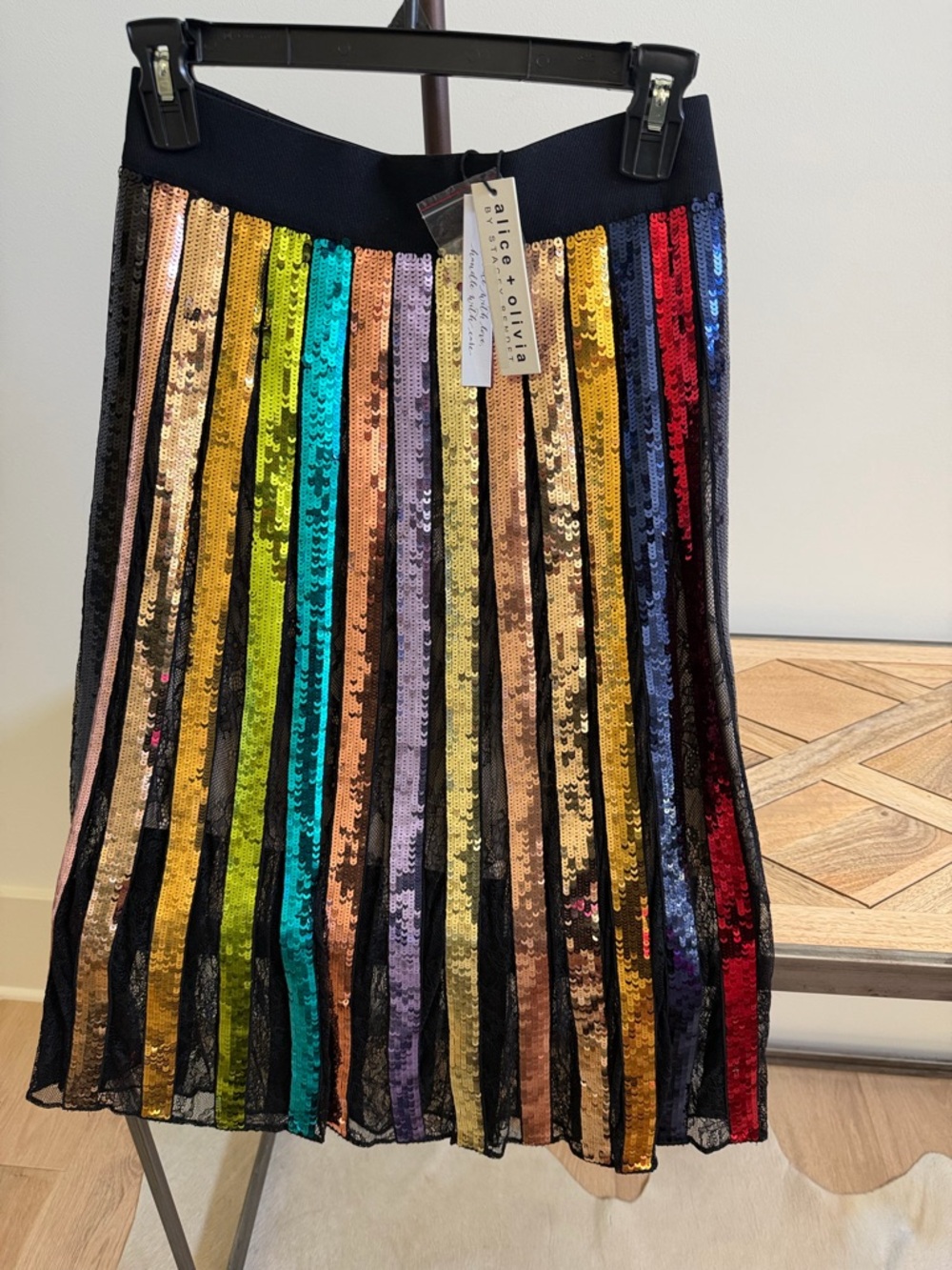 Alice + Olivia Rainbow Sequin Pleated Midi Skirt